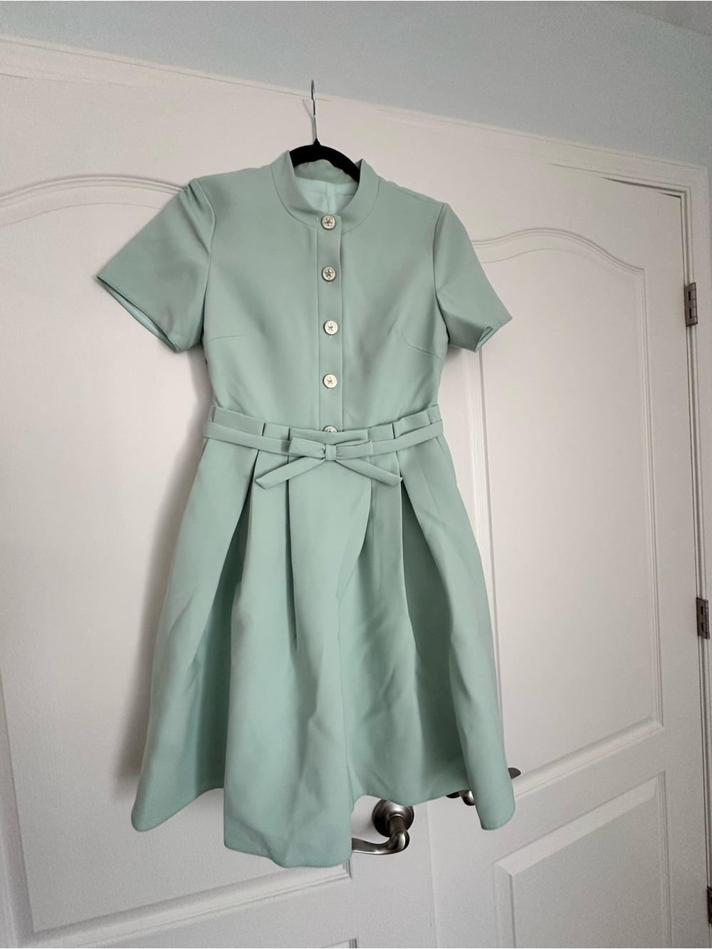Mint Green Short-Sleeve Fit-and-Flare Dress with Belt
